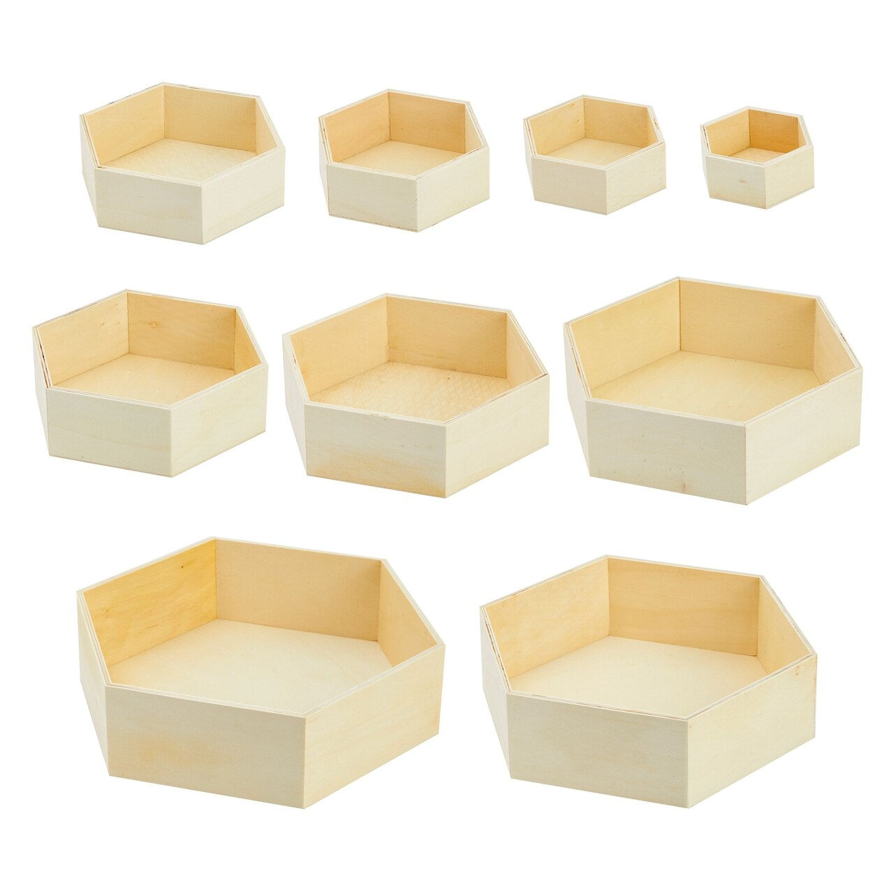Set of 9 Unfinished Wooden Floating Hexagon Shelves for Wall (9 Sizes)